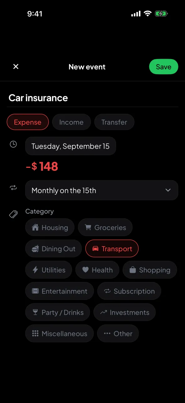 Adding a $148 car insurance bill that repeats monthly on the 15th in MakeChange